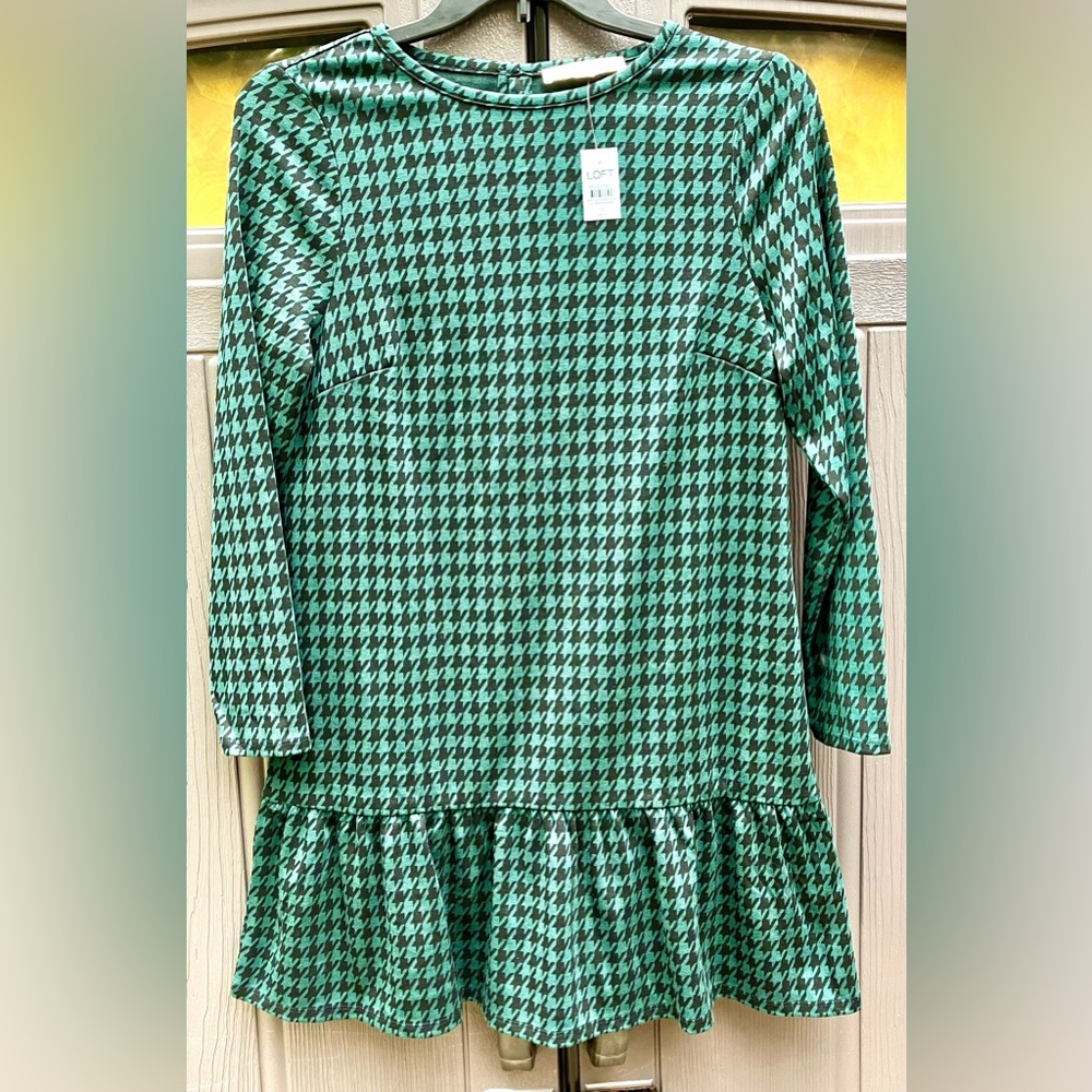 Loft Houndstooth green and black long sleeve swing dress LP NWT